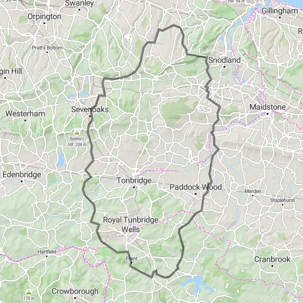 Map miniature of "The Kent Road Adventure" cycling inspiration in Kent, United Kingdom. Generated by Tarmacs.app cycling route planner