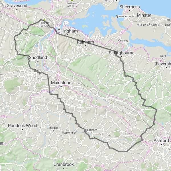 Map miniature of "Meopham to Leybourne Loop" cycling inspiration in Kent, United Kingdom. Generated by Tarmacs.app cycling route planner