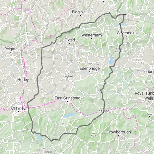 Map miniature of "Scenic Loop to Bletchingley" cycling inspiration in Kent, United Kingdom. Generated by Tarmacs.app cycling route planner