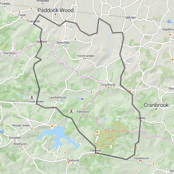 Map miniature of "The Five Oak Green Loop" cycling inspiration in Kent, United Kingdom. Generated by Tarmacs.app cycling route planner