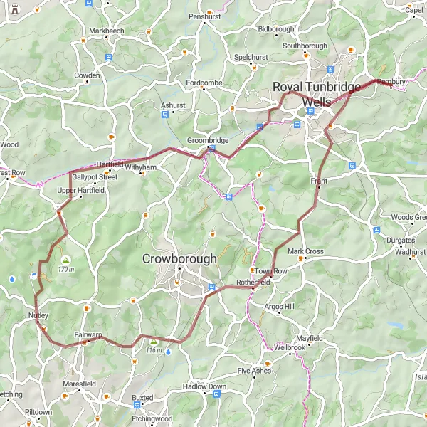 Map miniature of "Frant & Rotherfield Gravel Ride" cycling inspiration in Kent, United Kingdom. Generated by Tarmacs.app cycling route planner