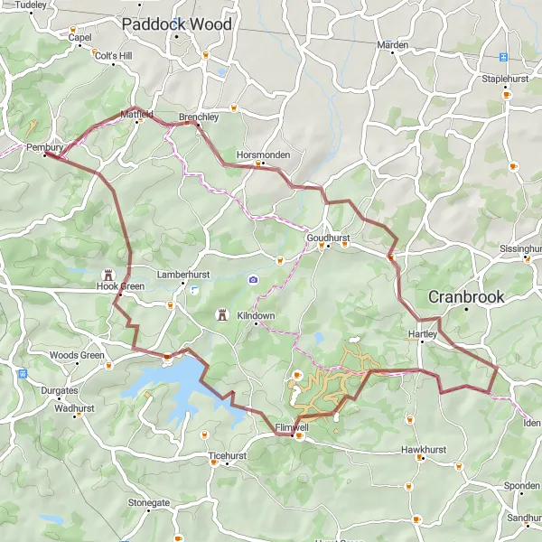 Map miniature of "Horsmonden & Bewl Water Gravel Loop" cycling inspiration in Kent, United Kingdom. Generated by Tarmacs.app cycling route planner