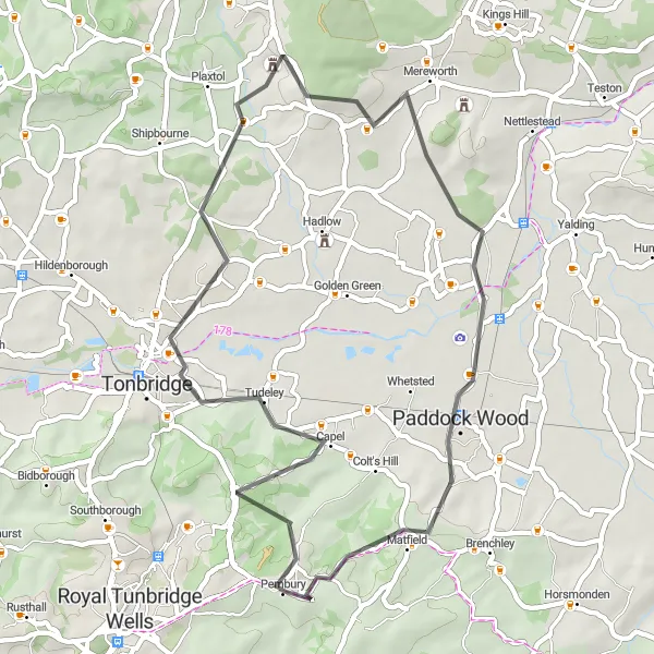 Map miniature of "Pembury to Matfield Road Loop" cycling inspiration in Kent, United Kingdom. Generated by Tarmacs.app cycling route planner