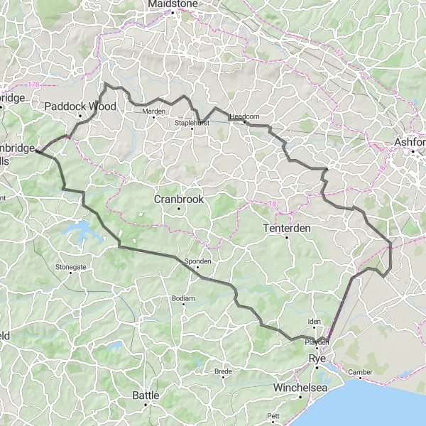 Map miniature of "Pembury to Lamberhurst Loop" cycling inspiration in Kent, United Kingdom. Generated by Tarmacs.app cycling route planner