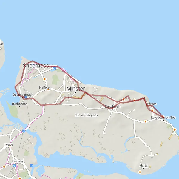 Map miniature of "Exploring Rushenden and Minster" cycling inspiration in Kent, United Kingdom. Generated by Tarmacs.app cycling route planner