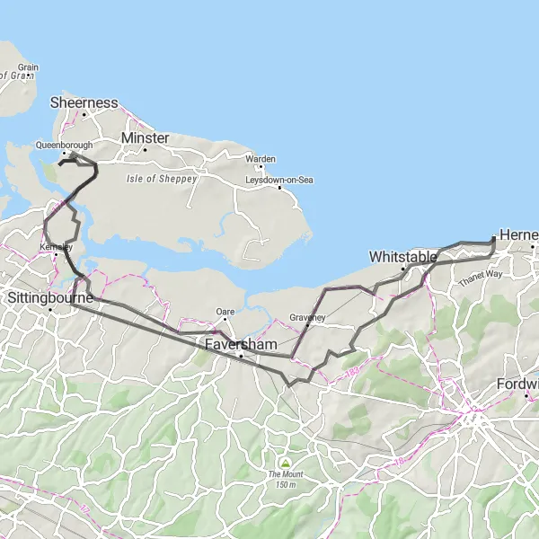 Map miniature of "Faversham and Whitstable Road Route" cycling inspiration in Kent, United Kingdom. Generated by Tarmacs.app cycling route planner