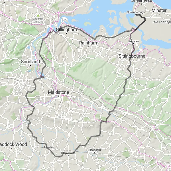 Map miniature of "Kentish Countryside and Waterside Beauty" cycling inspiration in Kent, United Kingdom. Generated by Tarmacs.app cycling route planner