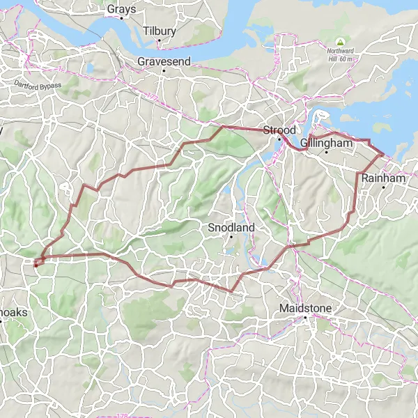 Map miniature of "The Kentish Gravel Escape" cycling inspiration in Kent, United Kingdom. Generated by Tarmacs.app cycling route planner