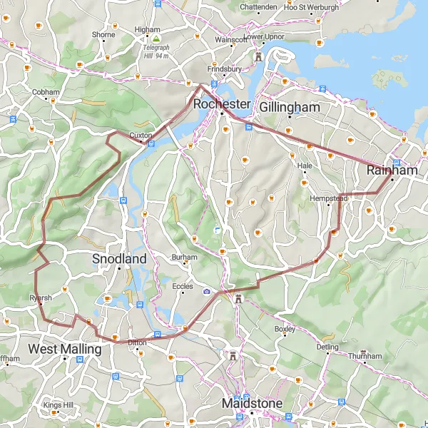 Map miniature of "The Medway Gravel Loop" cycling inspiration in Kent, United Kingdom. Generated by Tarmacs.app cycling route planner