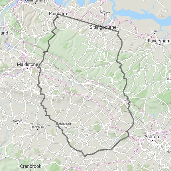 Map miniature of "Explore the Countryside on the Festival Hills Road Cycling Route" cycling inspiration in Kent, United Kingdom. Generated by Tarmacs.app cycling route planner