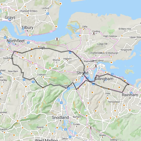 Map miniature of "The Medway Valley Loop" cycling inspiration in Kent, United Kingdom. Generated by Tarmacs.app cycling route planner