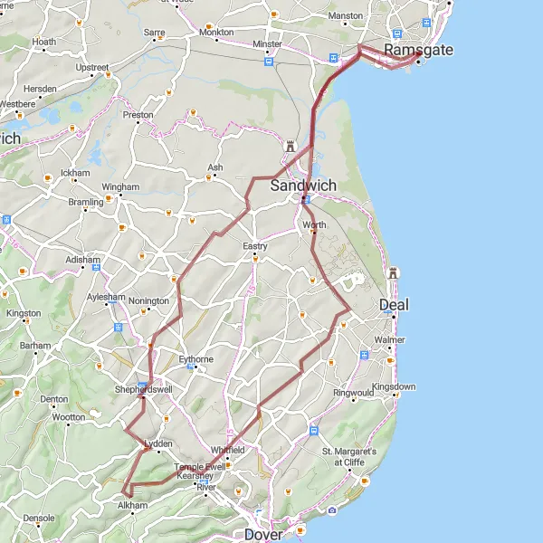 Map miniature of "The Sandwich Loop" cycling inspiration in Kent, United Kingdom. Generated by Tarmacs.app cycling route planner