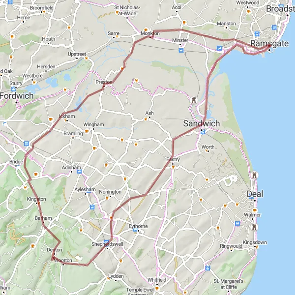 Map miniature of "Woodnesborough Explorer" cycling inspiration in Kent, United Kingdom. Generated by Tarmacs.app cycling route planner