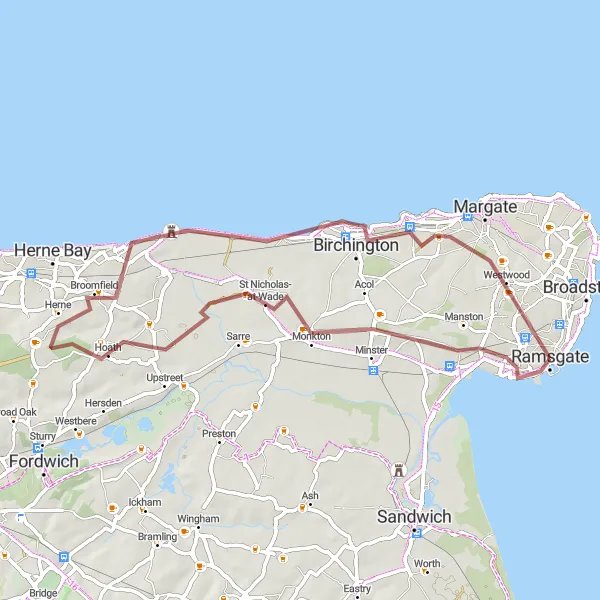 Map miniature of "Gravel Coastal Loop" cycling inspiration in Kent, United Kingdom. Generated by Tarmacs.app cycling route planner