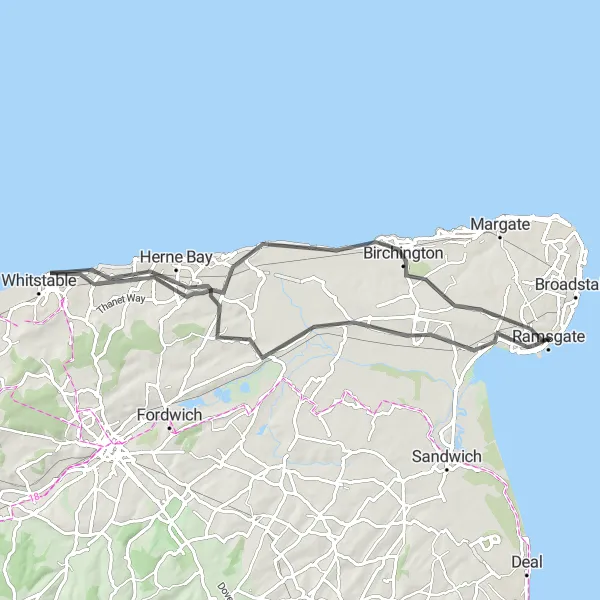 Map miniature of "Whitstable Coastal Ride" cycling inspiration in Kent, United Kingdom. Generated by Tarmacs.app cycling route planner
