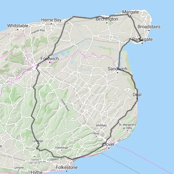 Map miniature of "The Coastal Road Odyssey" cycling inspiration in Kent, United Kingdom. Generated by Tarmacs.app cycling route planner