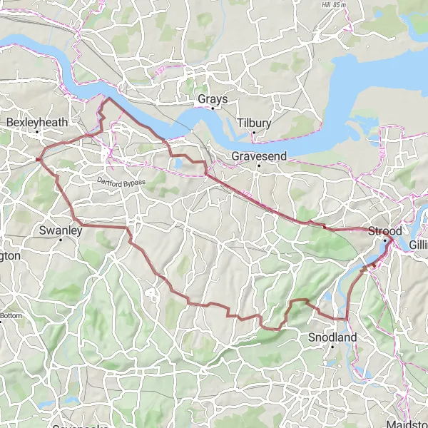 Map miniature of "Wouldham to Bexley Gravel Adventure" cycling inspiration in Kent, United Kingdom. Generated by Tarmacs.app cycling route planner