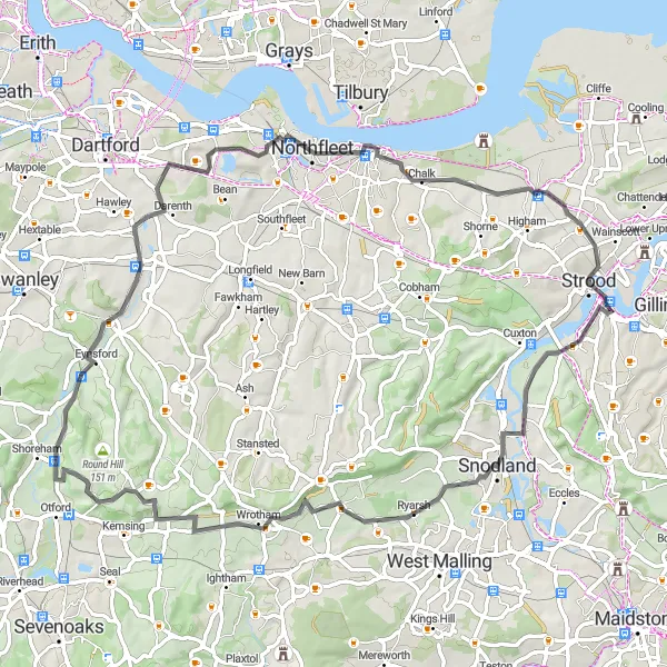 Map miniature of "Kent to Gravesend Loop" cycling inspiration in Kent, United Kingdom. Generated by Tarmacs.app cycling route planner