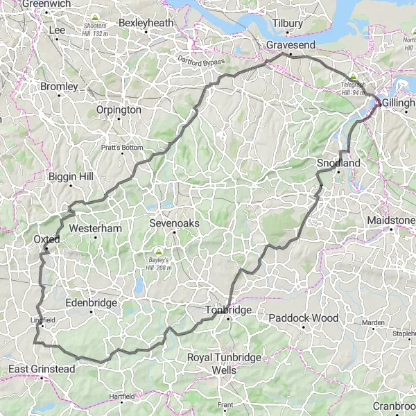 Map miniature of "West Malling to Shorne Hill Loop" cycling inspiration in Kent, United Kingdom. Generated by Tarmacs.app cycling route planner