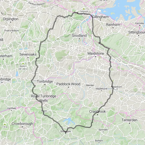 Map miniature of "Ultimate Kent Grand Tour" cycling inspiration in Kent, United Kingdom. Generated by Tarmacs.app cycling route planner