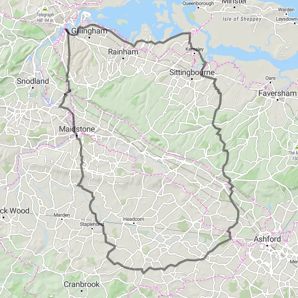 Map miniature of "Chatham to Rochester Castle" cycling inspiration in Kent, United Kingdom. Generated by Tarmacs.app cycling route planner