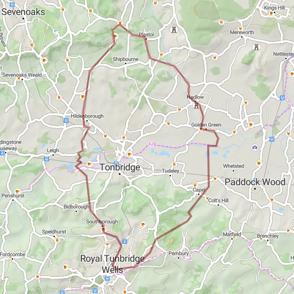 Map miniature of "Kentish Gravel Loop" cycling inspiration in Kent, United Kingdom. Generated by Tarmacs.app cycling route planner