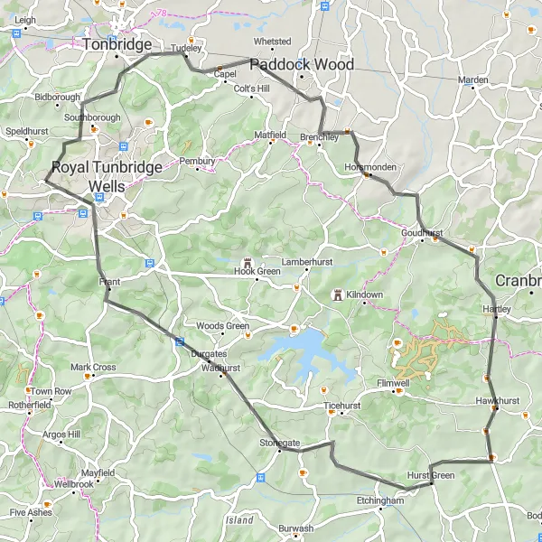 Map miniature of "Scenic Road Ride" cycling inspiration in Kent, United Kingdom. Generated by Tarmacs.app cycling route planner