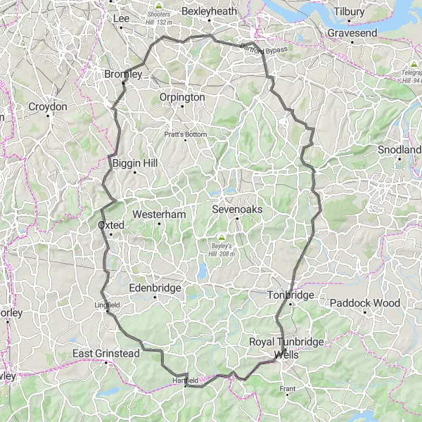 Map miniature of "The Ultimate Road Challenge" cycling inspiration in Kent, United Kingdom. Generated by Tarmacs.app cycling route planner