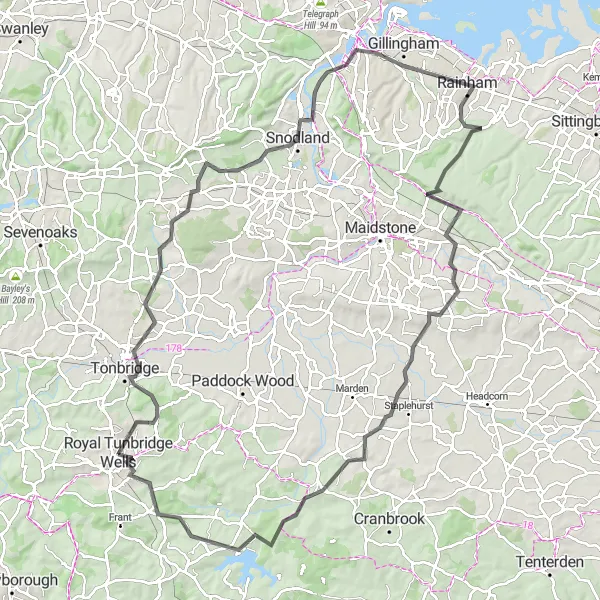 Map miniature of "The Kent Countryside Tour" cycling inspiration in Kent, United Kingdom. Generated by Tarmacs.app cycling route planner