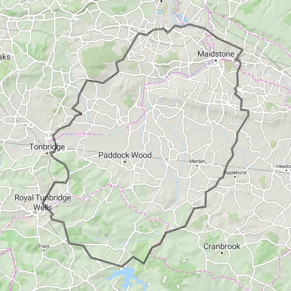 Map miniature of "The Historical Ride" cycling inspiration in Kent, United Kingdom. Generated by Tarmacs.app cycling route planner
