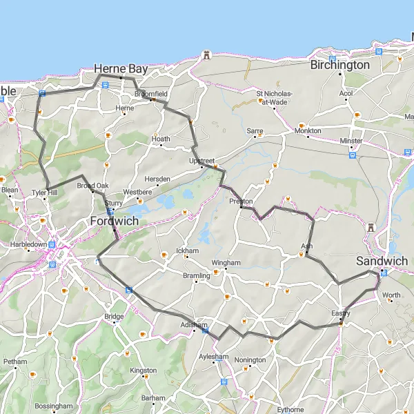 Map miniature of "The Road Adventure" cycling inspiration in Kent, United Kingdom. Generated by Tarmacs.app cycling route planner