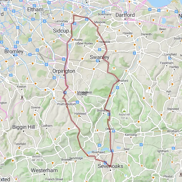 Map miniature of "Exploring Sevenoaks by Gravel" cycling inspiration in Kent, United Kingdom. Generated by Tarmacs.app cycling route planner