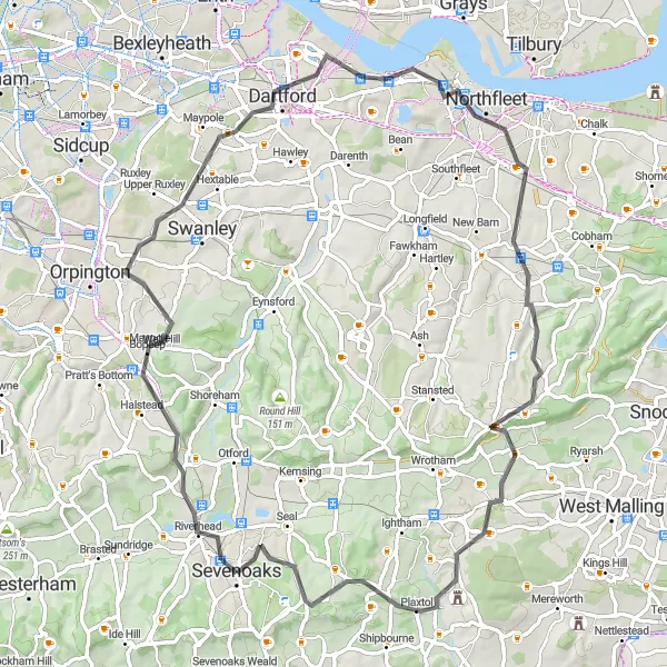 Map miniature of "Historic Kent Countryside" cycling inspiration in Kent, United Kingdom. Generated by Tarmacs.app cycling route planner