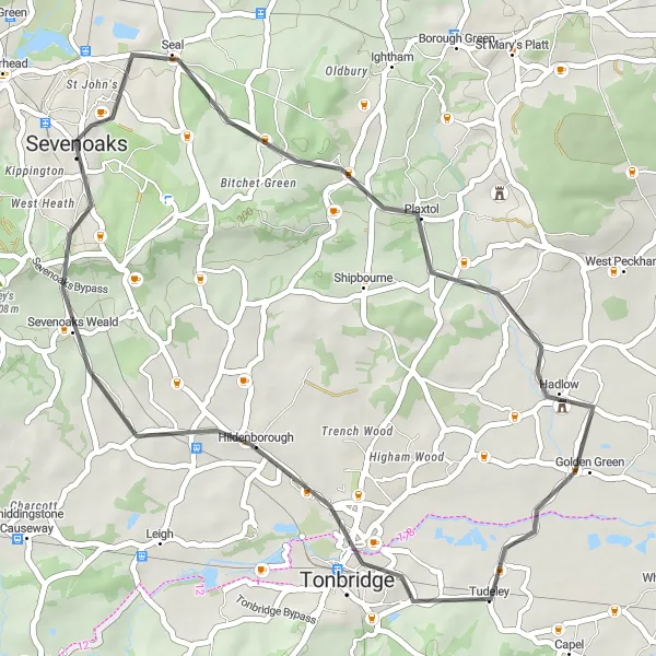 Map miniature of "Sevenoaks and the Surrounding Villages" cycling inspiration in Kent, United Kingdom. Generated by Tarmacs.app cycling route planner