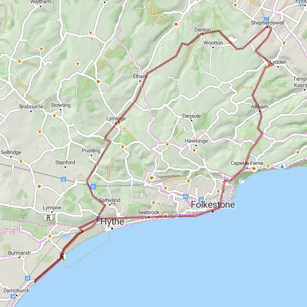 Map miniature of "The Coastal Escape" cycling inspiration in Kent, United Kingdom. Generated by Tarmacs.app cycling route planner