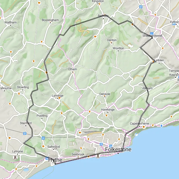 Map miniature of "The Coastal Loop" cycling inspiration in Kent, United Kingdom. Generated by Tarmacs.app cycling route planner