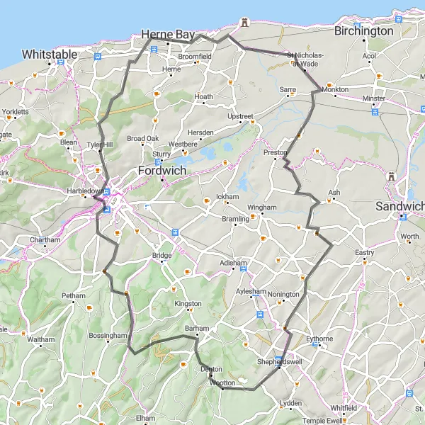 Map miniature of "Barham to Canterbury Road Loop" cycling inspiration in Kent, United Kingdom. Generated by Tarmacs.app cycling route planner