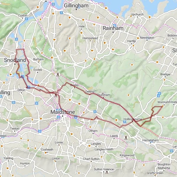 Map miniature of "Snodland Gravel Loop" cycling inspiration in Kent, United Kingdom. Generated by Tarmacs.app cycling route planner