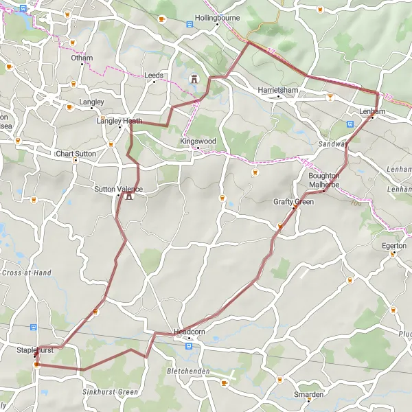 Map miniature of "The Gravel Castle Route" cycling inspiration in Kent, United Kingdom. Generated by Tarmacs.app cycling route planner