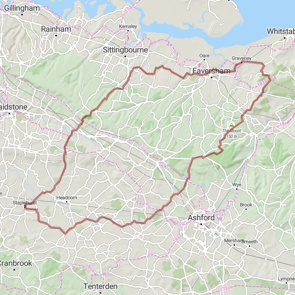 Map miniature of "The Gravel Escape" cycling inspiration in Kent, United Kingdom. Generated by Tarmacs.app cycling route planner