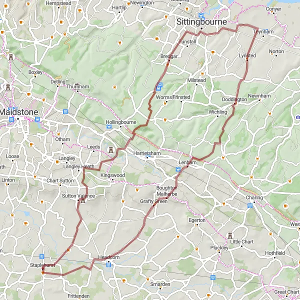 Map miniature of "Castle and Countryside" cycling inspiration in Kent, United Kingdom. Generated by Tarmacs.app cycling route planner