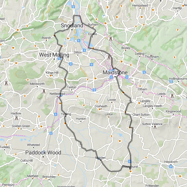 Map miniature of "The Yalding Adventure" cycling inspiration in Kent, United Kingdom. Generated by Tarmacs.app cycling route planner