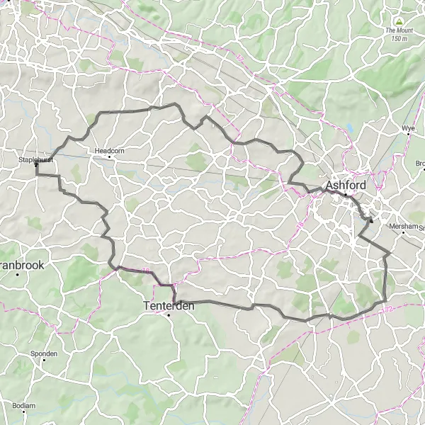 Map miniature of "The Ashford Adventure" cycling inspiration in Kent, United Kingdom. Generated by Tarmacs.app cycling route planner