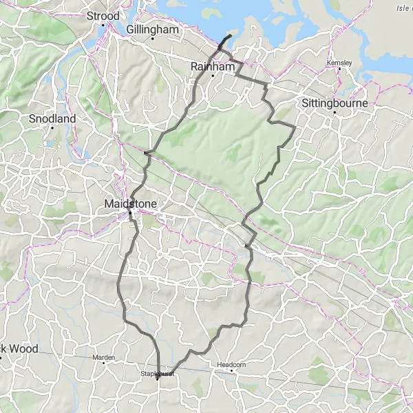 Map miniature of "The Hollingbourne Challenge" cycling inspiration in Kent, United Kingdom. Generated by Tarmacs.app cycling route planner