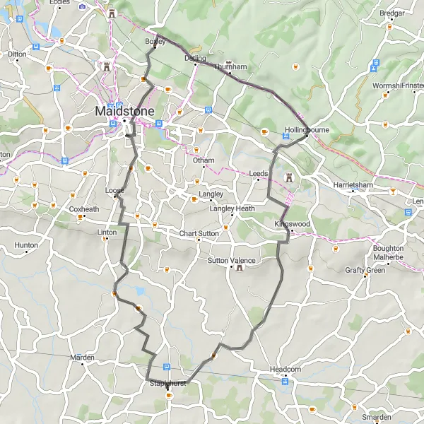 Map miniature of "The Monchelsea Route" cycling inspiration in Kent, United Kingdom. Generated by Tarmacs.app cycling route planner