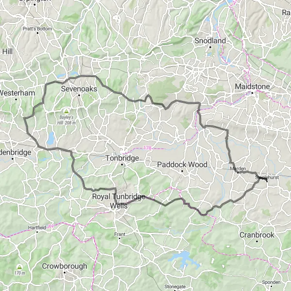 Map miniature of "The Wells and Hills" cycling inspiration in Kent, United Kingdom. Generated by Tarmacs.app cycling route planner