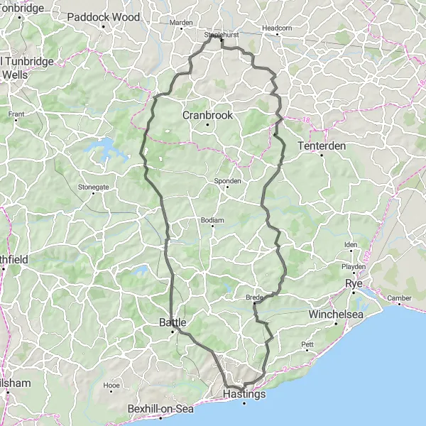 Map miniature of "The Hastings and Battle Epic" cycling inspiration in Kent, United Kingdom. Generated by Tarmacs.app cycling route planner