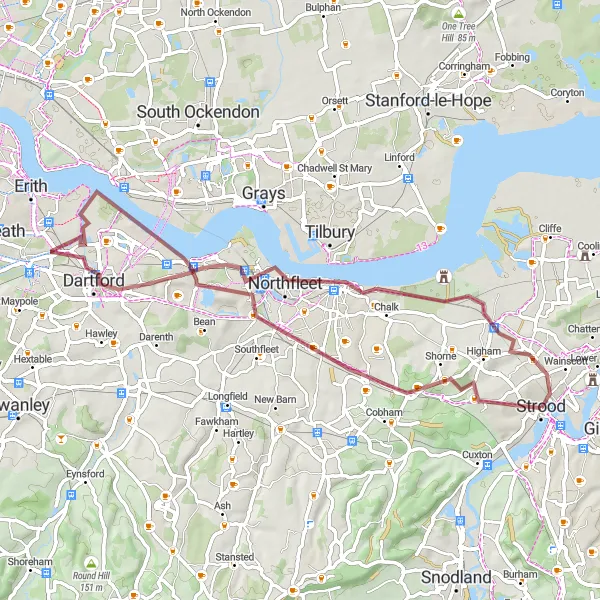 Map miniature of "Scenic Gravel Ride to Dartford" cycling inspiration in Kent, United Kingdom. Generated by Tarmacs.app cycling route planner