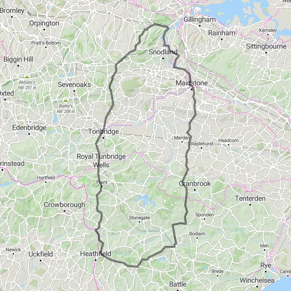 Map miniature of "Maidstone to Robertsbridge Loop" cycling inspiration in Kent, United Kingdom. Generated by Tarmacs.app cycling route planner