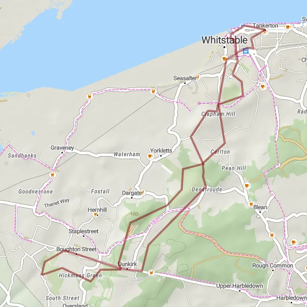 Map miniature of "Coast and Countryside Gravel Adventure" cycling inspiration in Kent, United Kingdom. Generated by Tarmacs.app cycling route planner